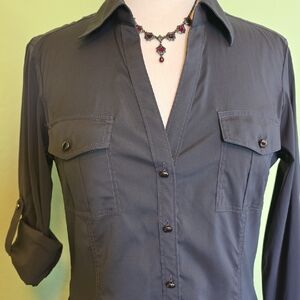 Express Dark Gray Button-Down Shirt for Women